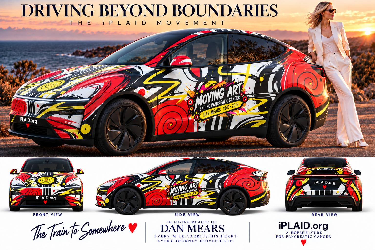 ArtfulMiles.org vehicle wrap concept: Susan Fielder beside the wrapped car at a coastal sunset, with front, side and rear views honoring Dan Mears
