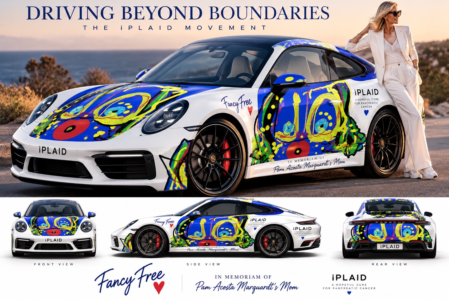Fancy Free vehicle-wrap concept with blue, yellow and red artwork, including front, side and rear views