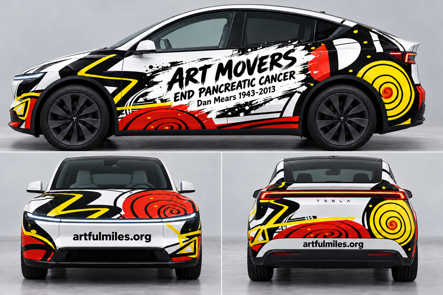 Art Movers Tesla wrap concept with red spiral targets, yellow lightning and black brushwork on white, shown in side, front and rear views