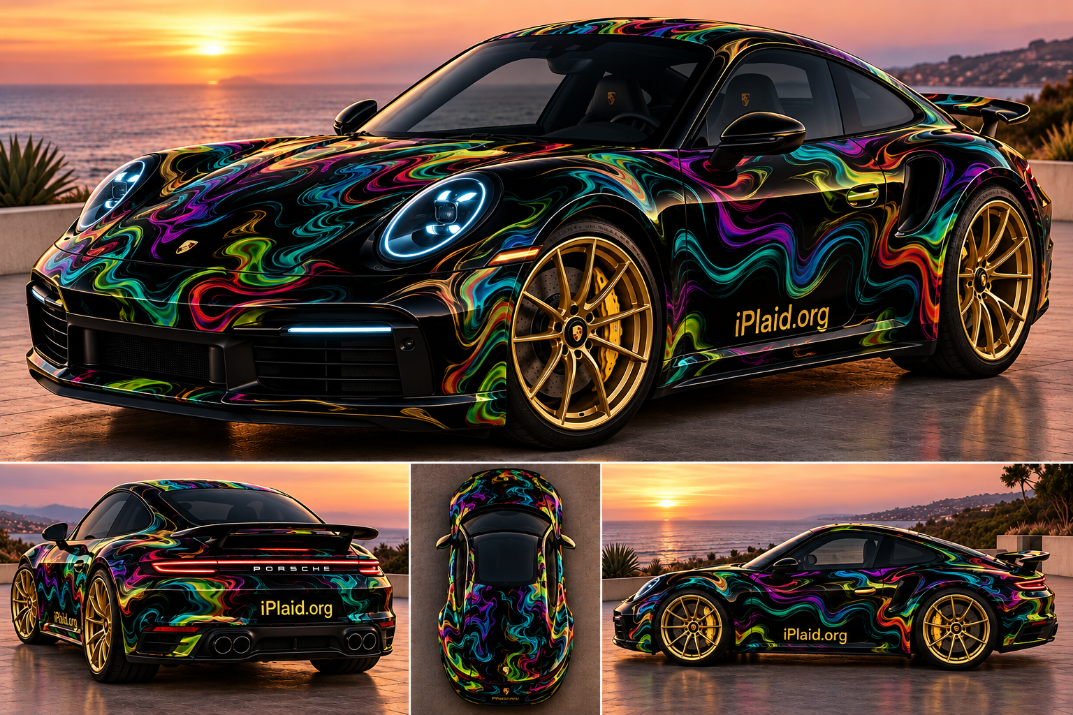 Neon Swirl Porsche 911 concept with liquid rainbow color flowing over gloss black, shown in four views on a clifftop at sunset
