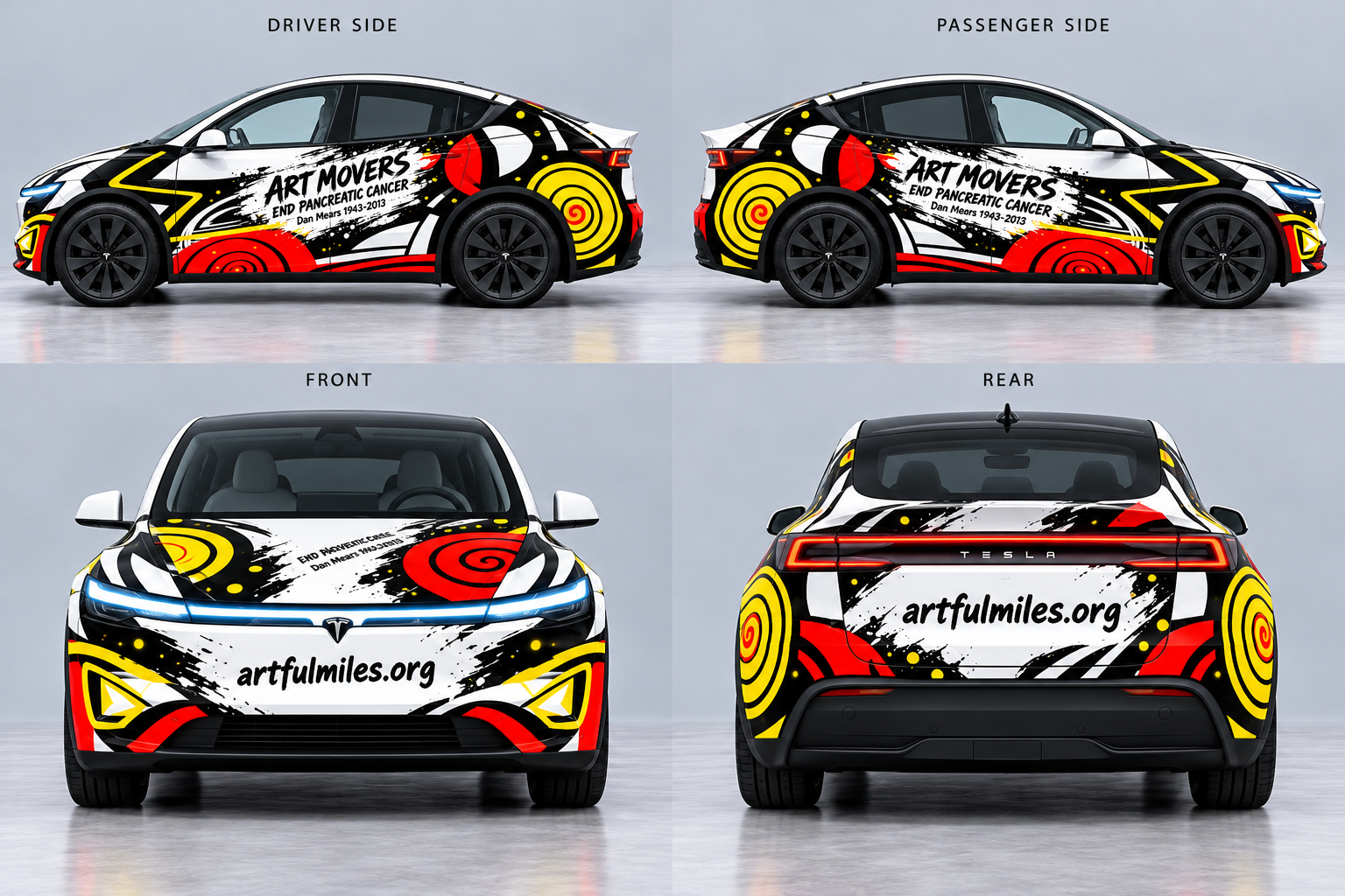 Art Movers wrap concept showing both sides, front and rear, with black, white, red and yellow artwork