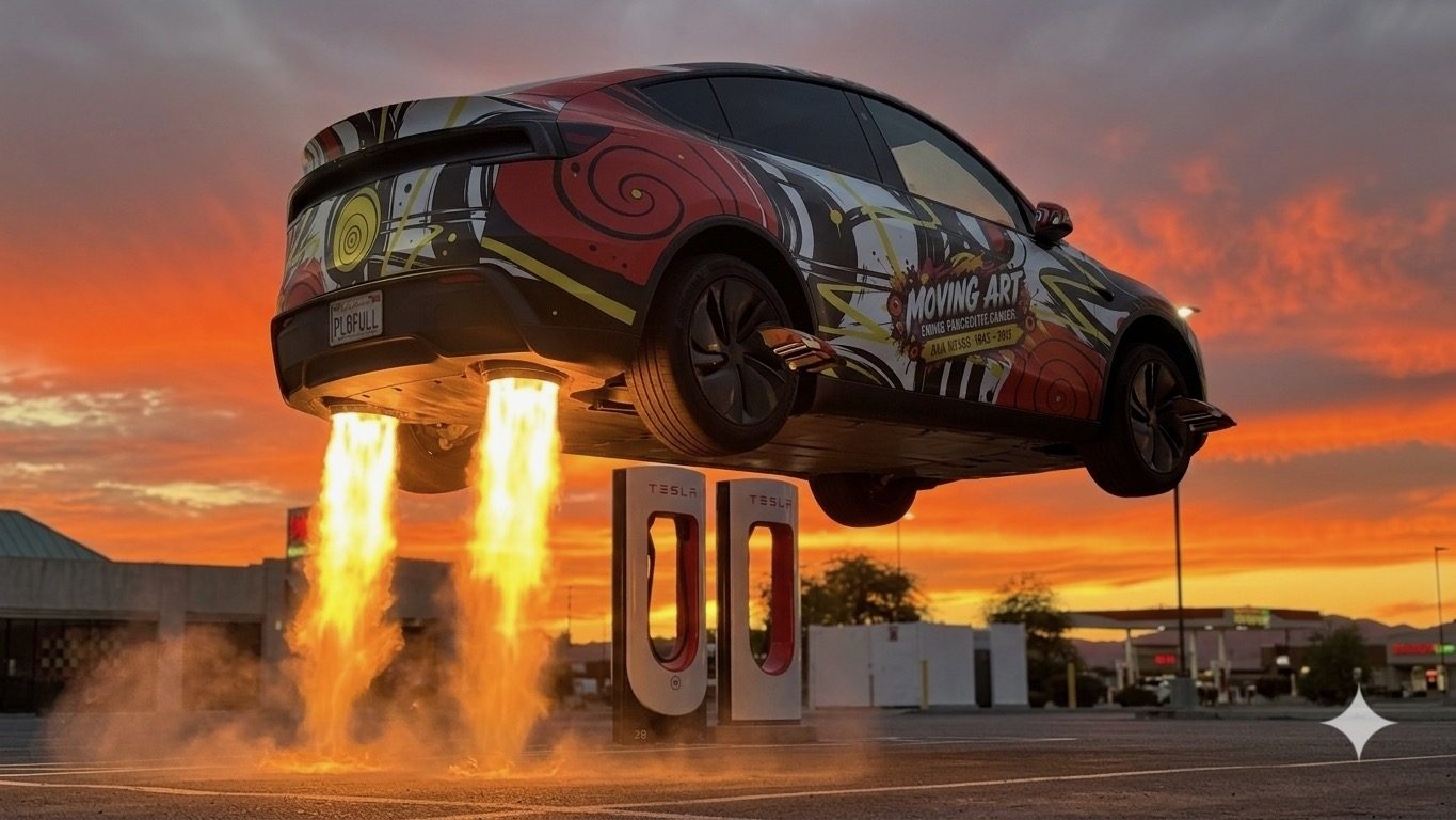 Playful AI-rendered vision of the Moving Art wrapped car flying with rocket boosters above a charging station at sunset